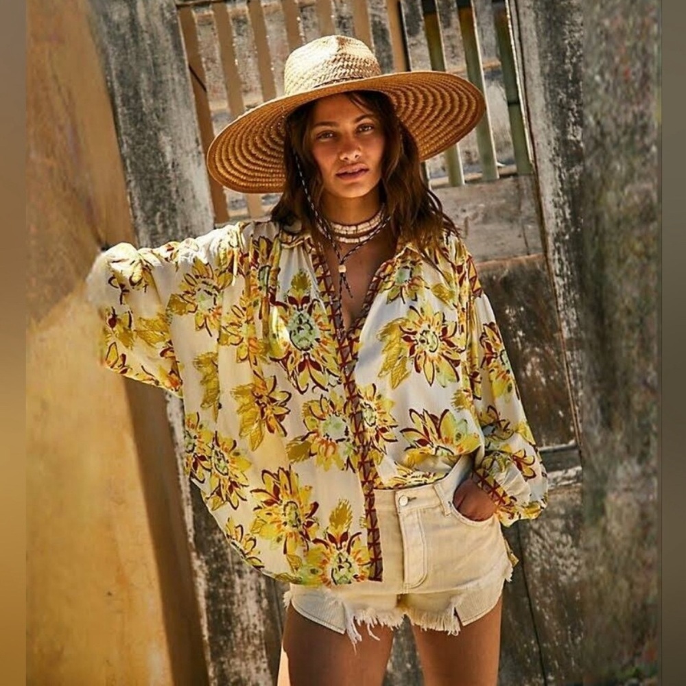 Free People Floral Button Down Shirt - Yellow and Brown